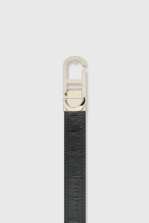 Leren Dames Riem Reversible Zwart Croco Zilver Trophy Buckle