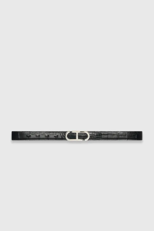 Leren Dames Riem Reversible Zwart Croco Zilver Trophy Buckle