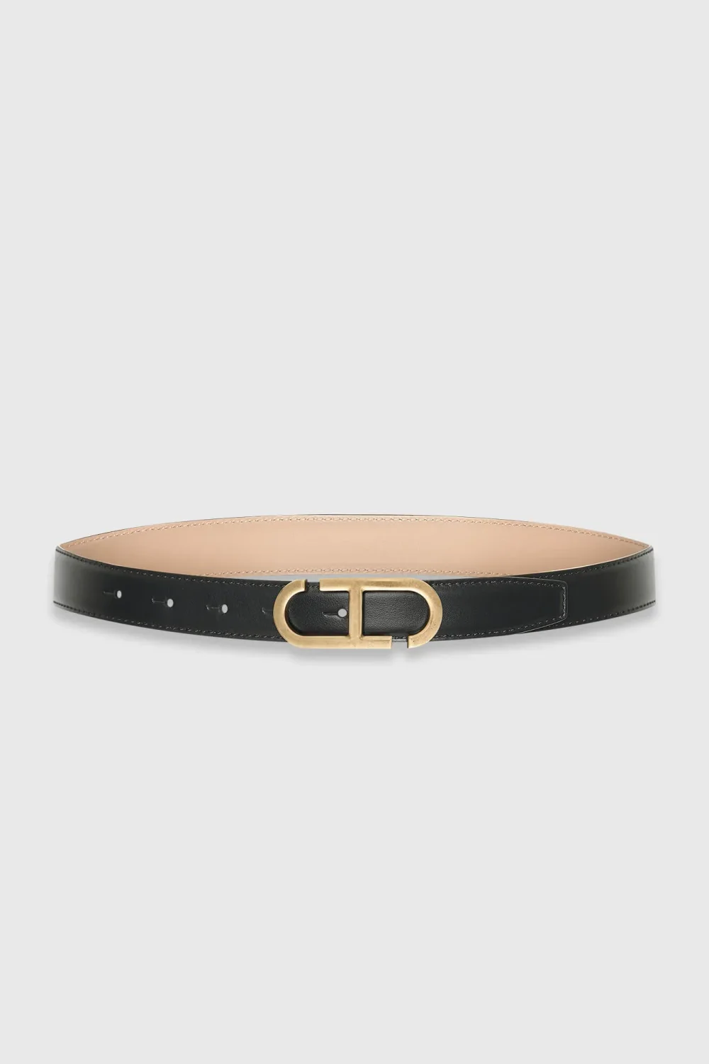 Women's Leather Reversible Belt - Black and Taupe with Brass Trophy Buckle