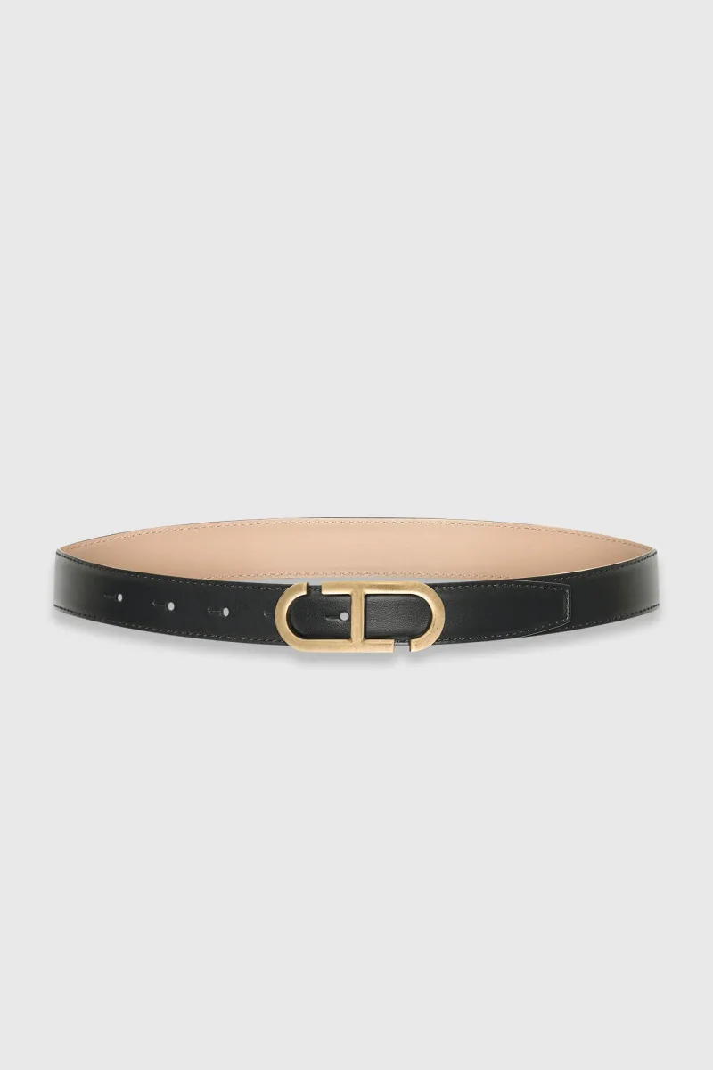 Women's Leather Reversible Belt - Black and Taupe with Brass Trophy Buckle