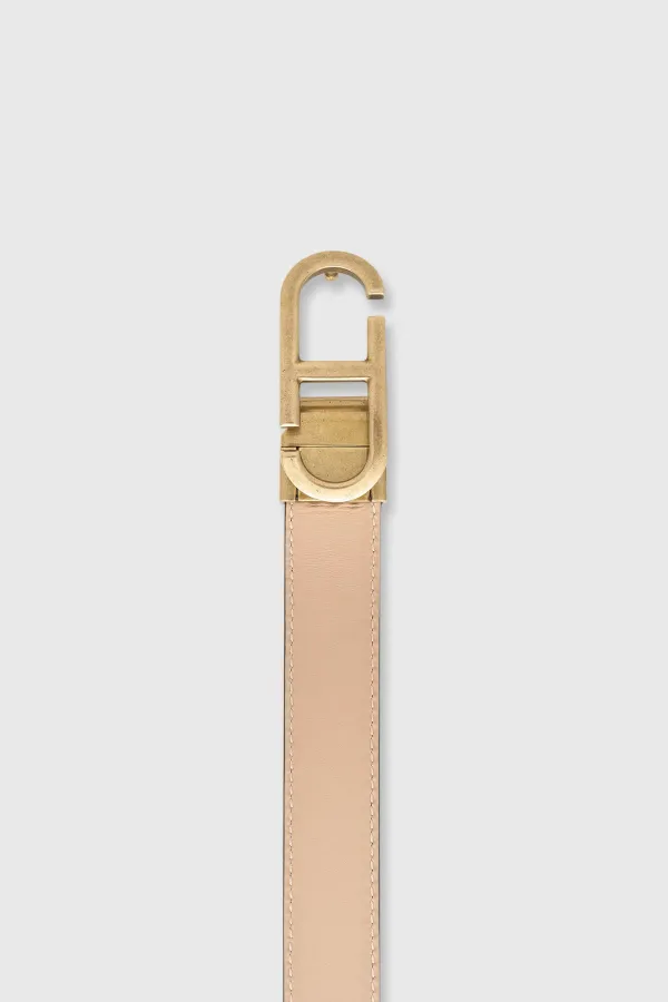 Wendbarer Damengürtel aus Leder, schwarz-taupe, mit Messing-Trophy-Schnalle