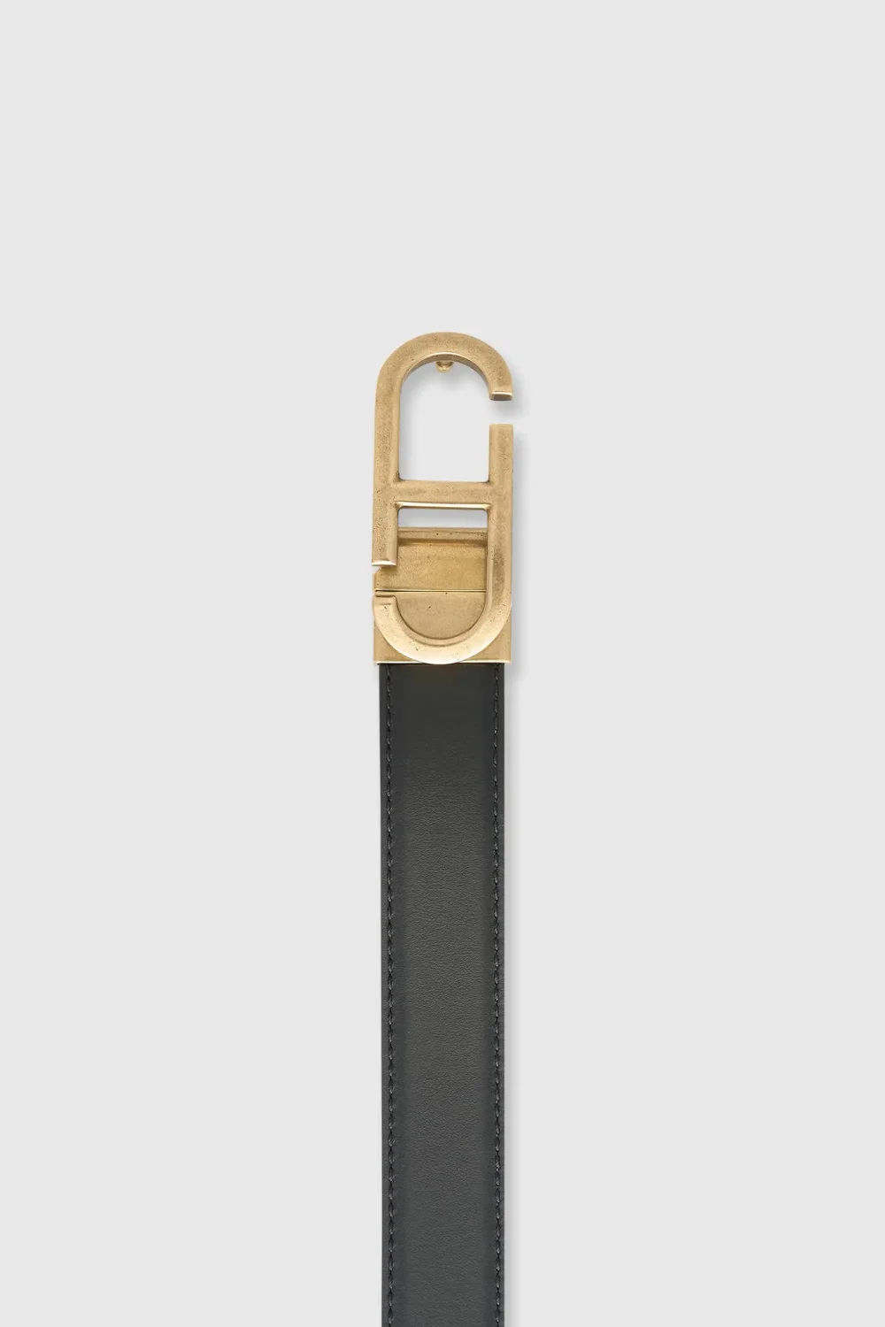 Women's Leather Reversible Belt - Black and Taupe with Brass Trophy Buckle
