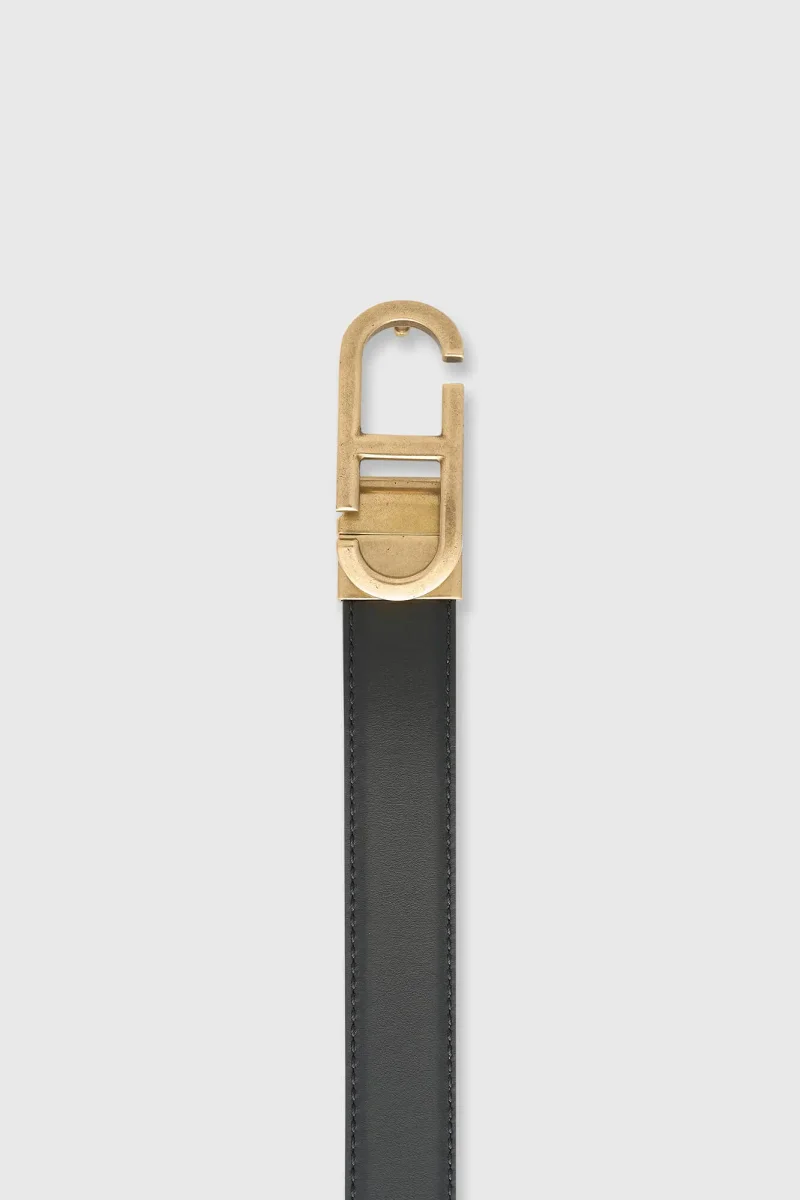 Women's Leather Reversible Belt - Black and Taupe with Brass Trophy Buckle