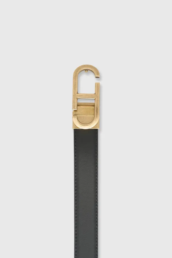 Wendbarer Damengürtel aus Leder, schwarz-taupe, mit Messing-Trophy-Schnalle
