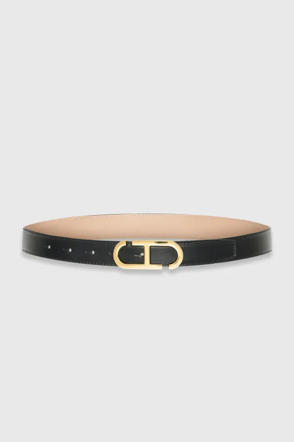 Damen-Ledergürtel, wendbar, schwarz, taupe, gold, mit Trophy-Schnalle