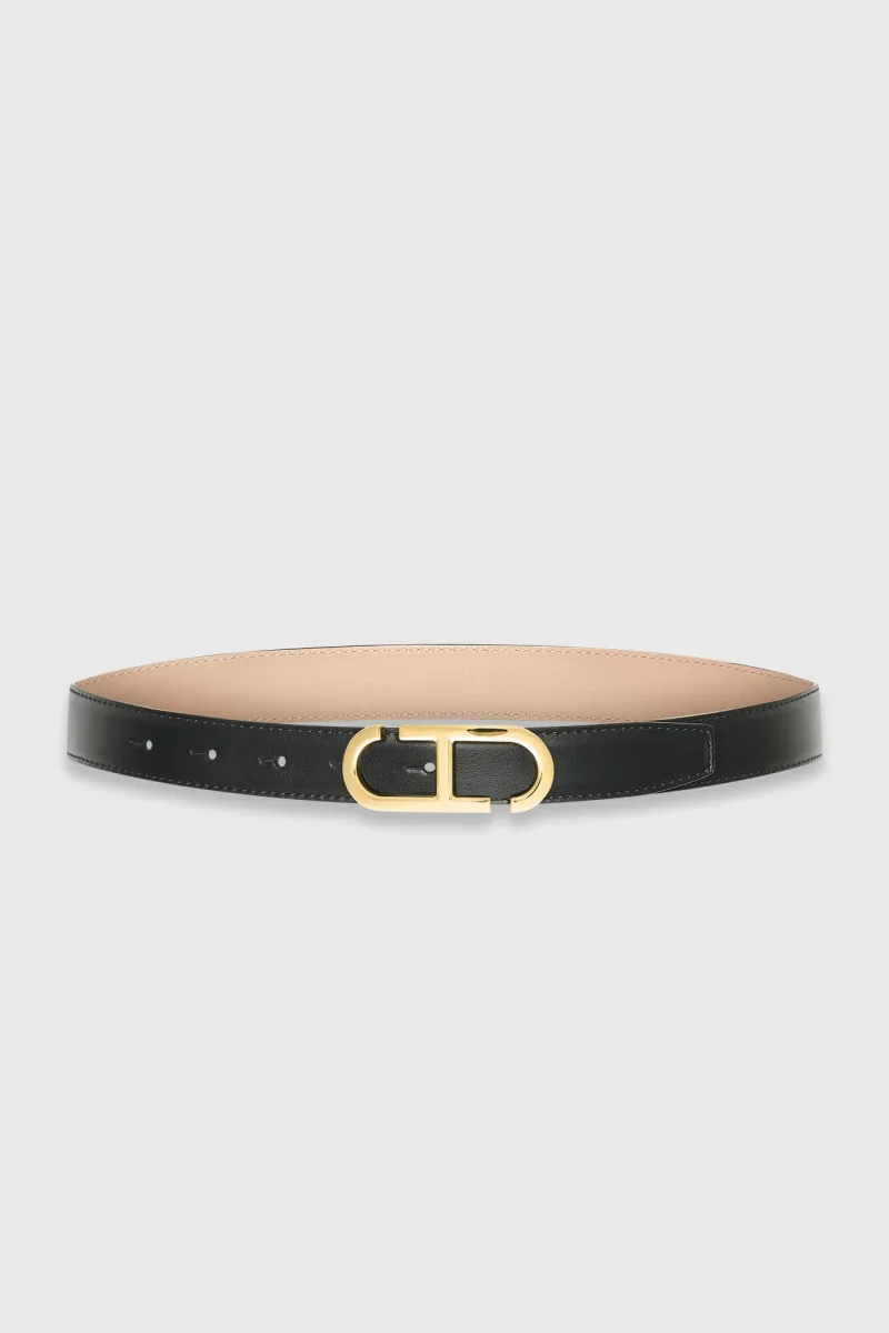 Women's Leather Reversible Belt in Black, Taupe, and Gold with Trophy Buckle