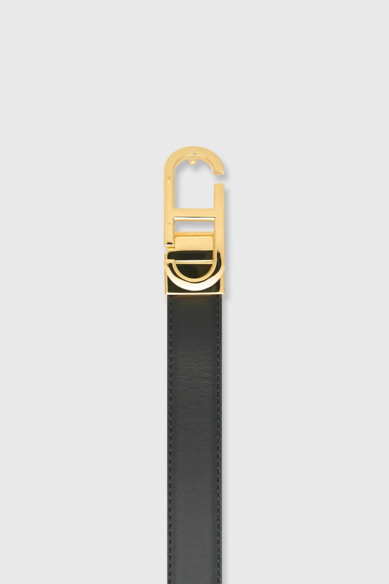 Women's Leather Reversible Belt in Black, Taupe, and Gold with Trophy Buckle