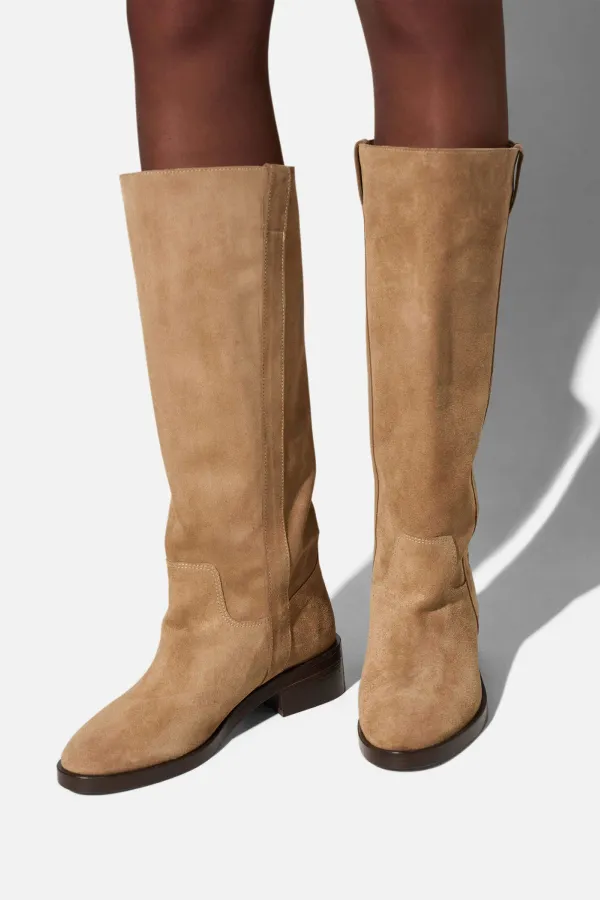 Leren Hogen Laars Plat Sem Suede Beige