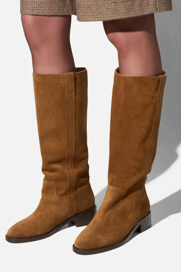 Leren Hogen Laars Plat Sem Suede Cognac