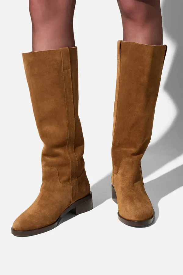 Leren Hogen Laars Plat Sem Suede Cognac