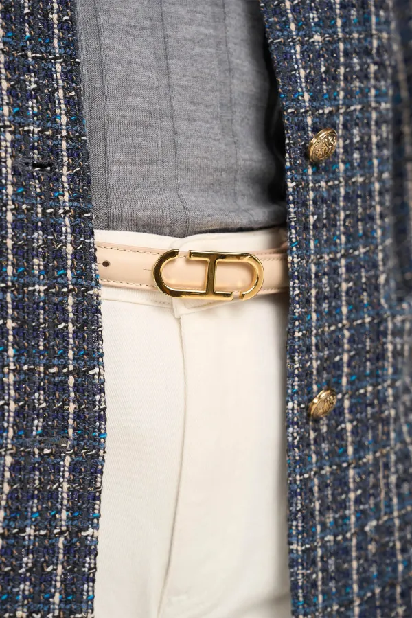 Women's Leather Belt with Trophy Design and Cream-Gold Buckle