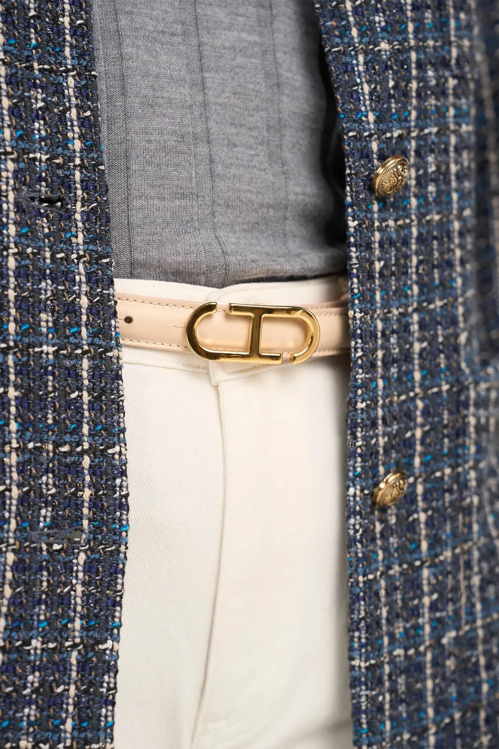 Women's Leather Belt with Trophy Design and Cream-Gold Buckle