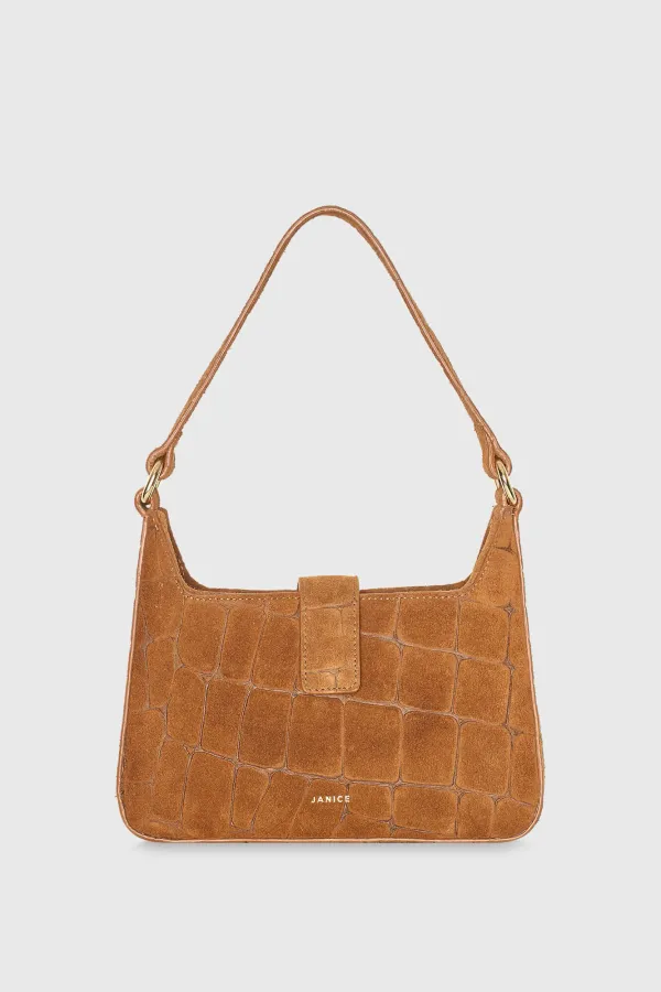 Handtasche aus Wildleder in Kamelbraun mit Krokoprägung – Conan