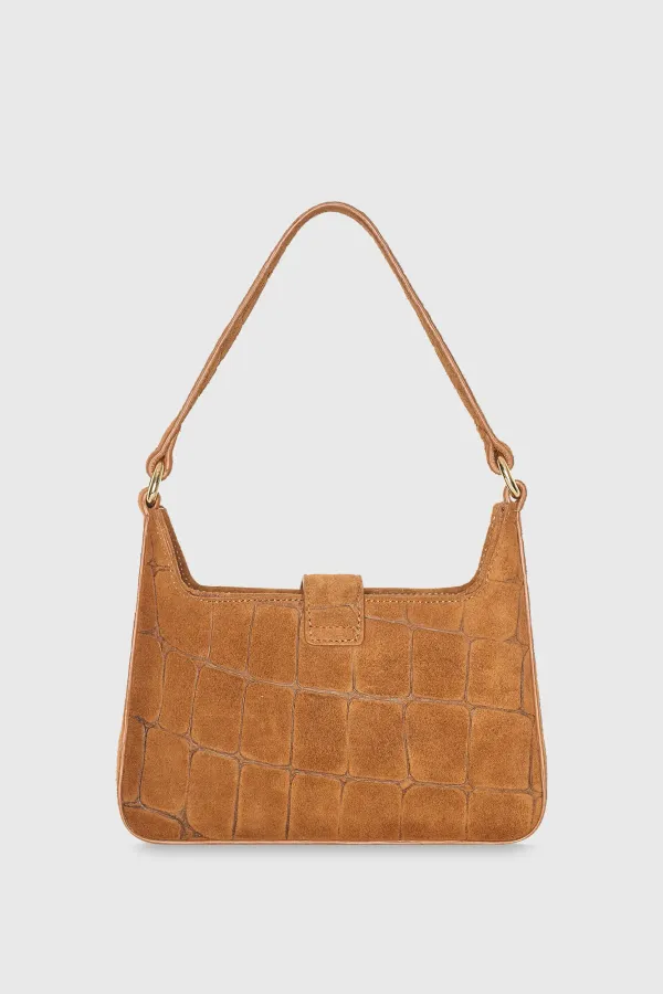 Handtasche aus Wildleder in Kamelbraun mit Krokoprägung – Conan
