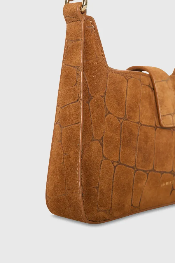 Handtasche aus Wildleder in Kamelbraun mit Krokoprägung – Conan
