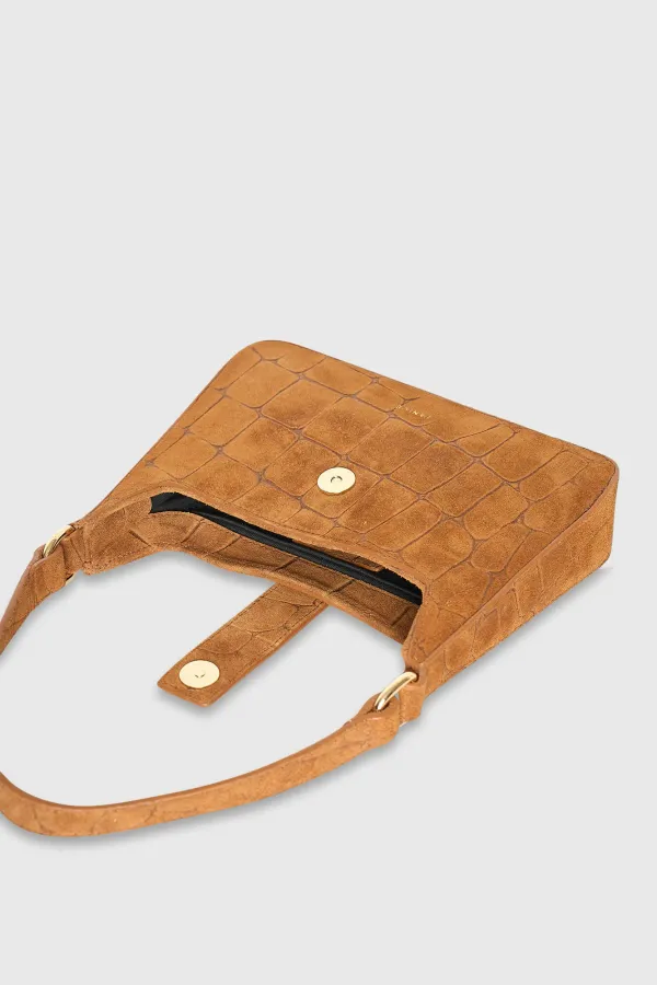 Handtasche aus Wildleder in Kamelbraun mit Krokoprägung – Conan