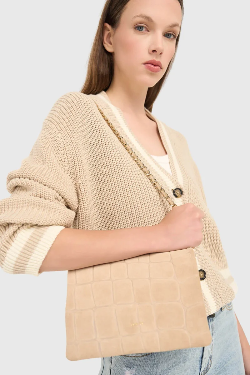 Leather Suede Shoulder Bag, Beige Croco Skylar
