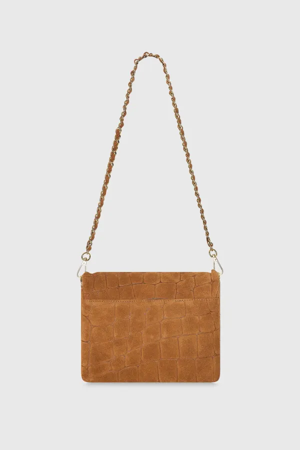 Leder-Wildleder-Umhängetasche in Camel mit Krokoprägung – Skylar