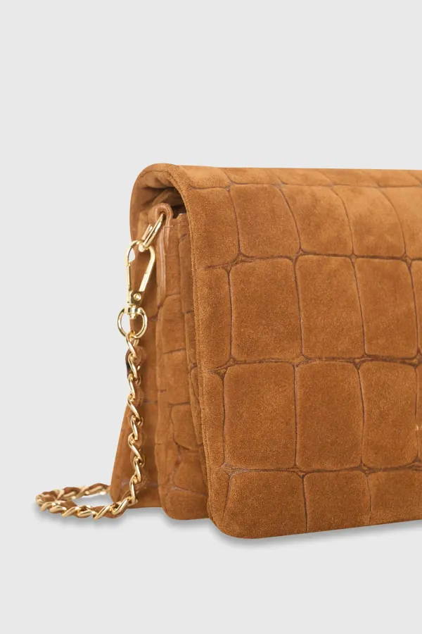 Leder-Wildleder-Umhängetasche in Camel mit Krokoprägung – Skylar