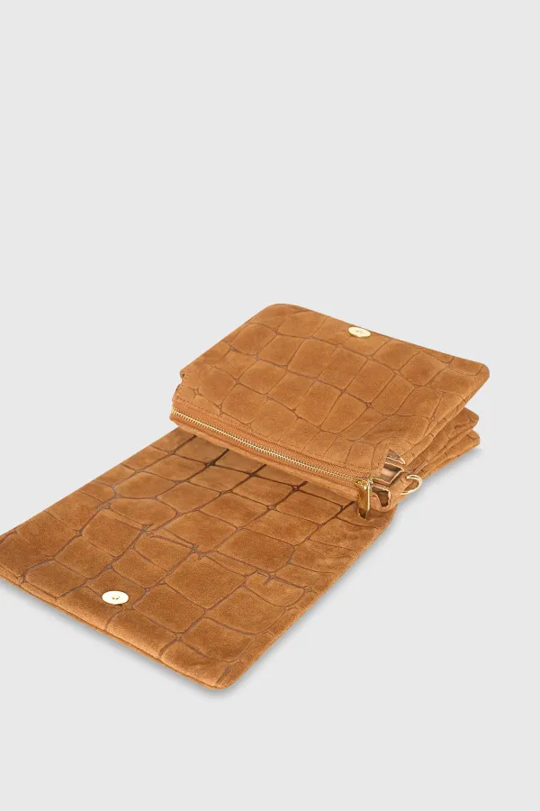 Leder-Wildleder-Umhängetasche in Camel mit Krokoprägung – Skylar