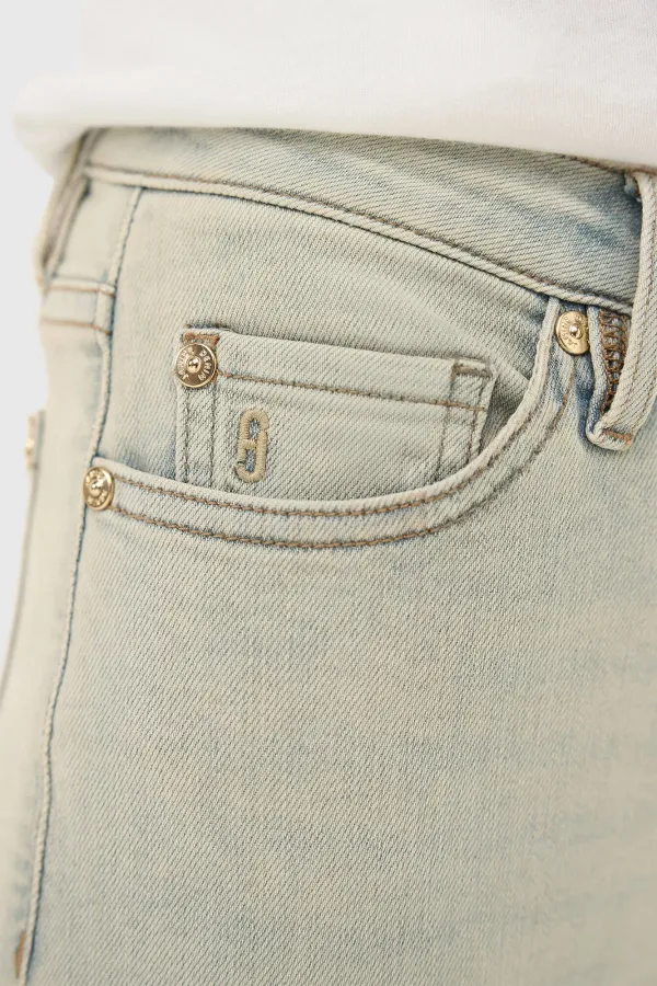 Mom-Jeans für Damen, Stretch, mittlere Leibhöhe, Cooper-Blau 004