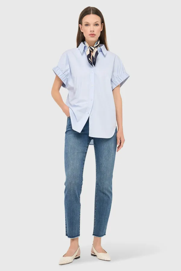 Blaue Baumwollbluse für Damen mit kurzen Ärmeln von Yaro