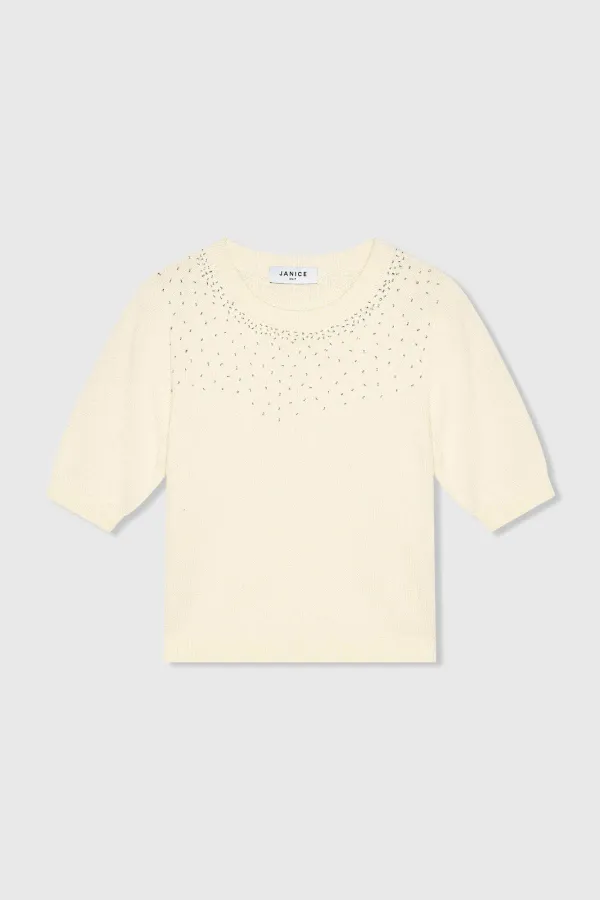 Off White Katoenen Dames Truitje Met Steentjes Barret