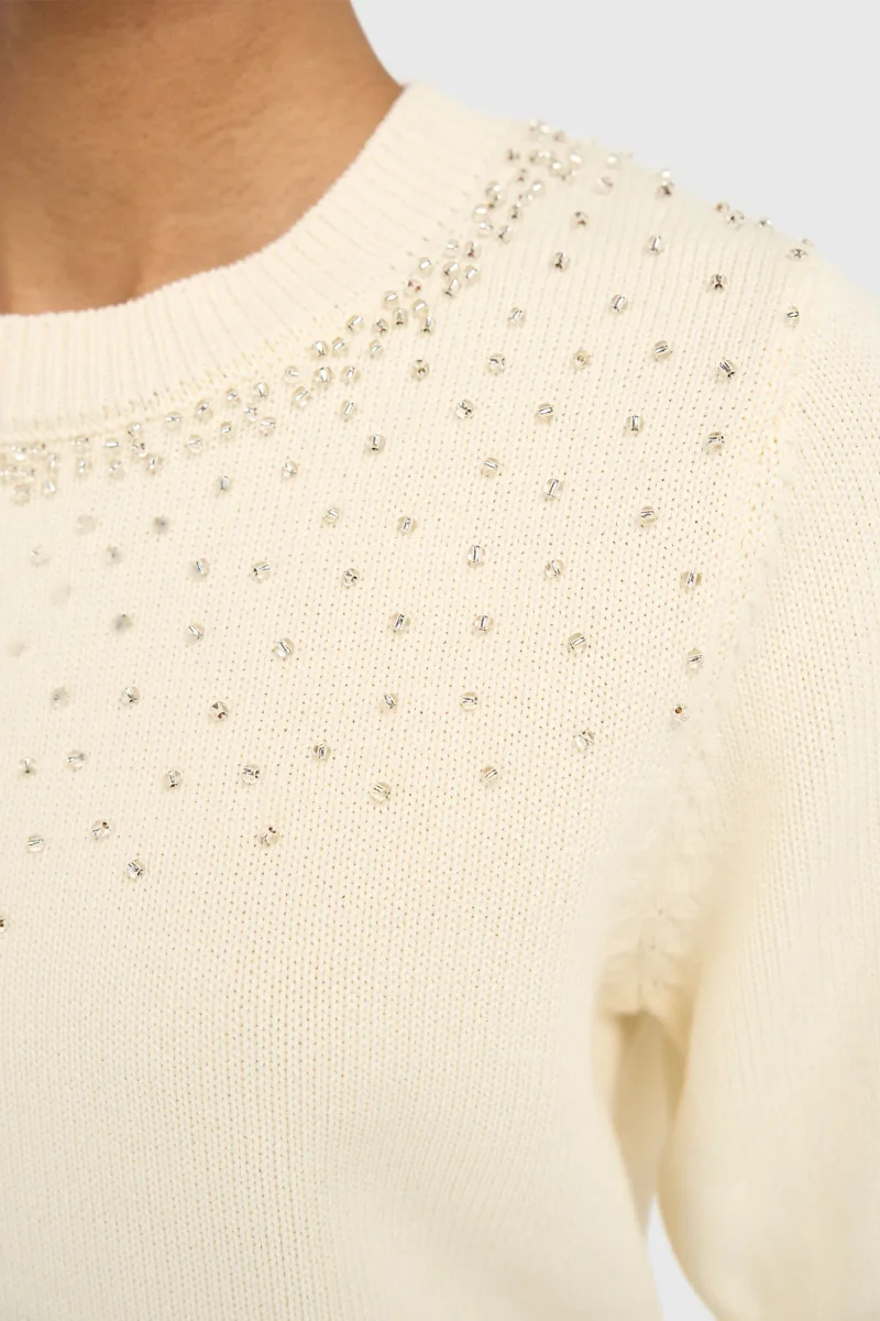 Off-White Cotton Women's Sweater with Rhinestones by Barret