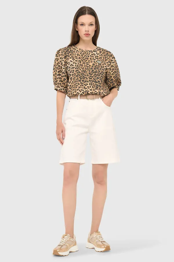 Leopard-Print Women's Sweater with Puff Sleeves, Cotton, Corey