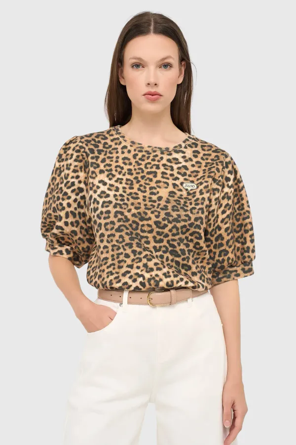 Damen-Sweatshirt mit Leopardenmuster, Puffärmel, Baumwolle, Corey