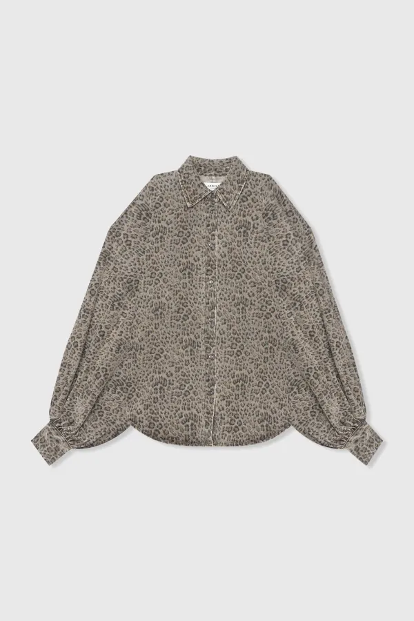 Women's Wide-Sleeve Leopard-Print Denim Blouse in Stone