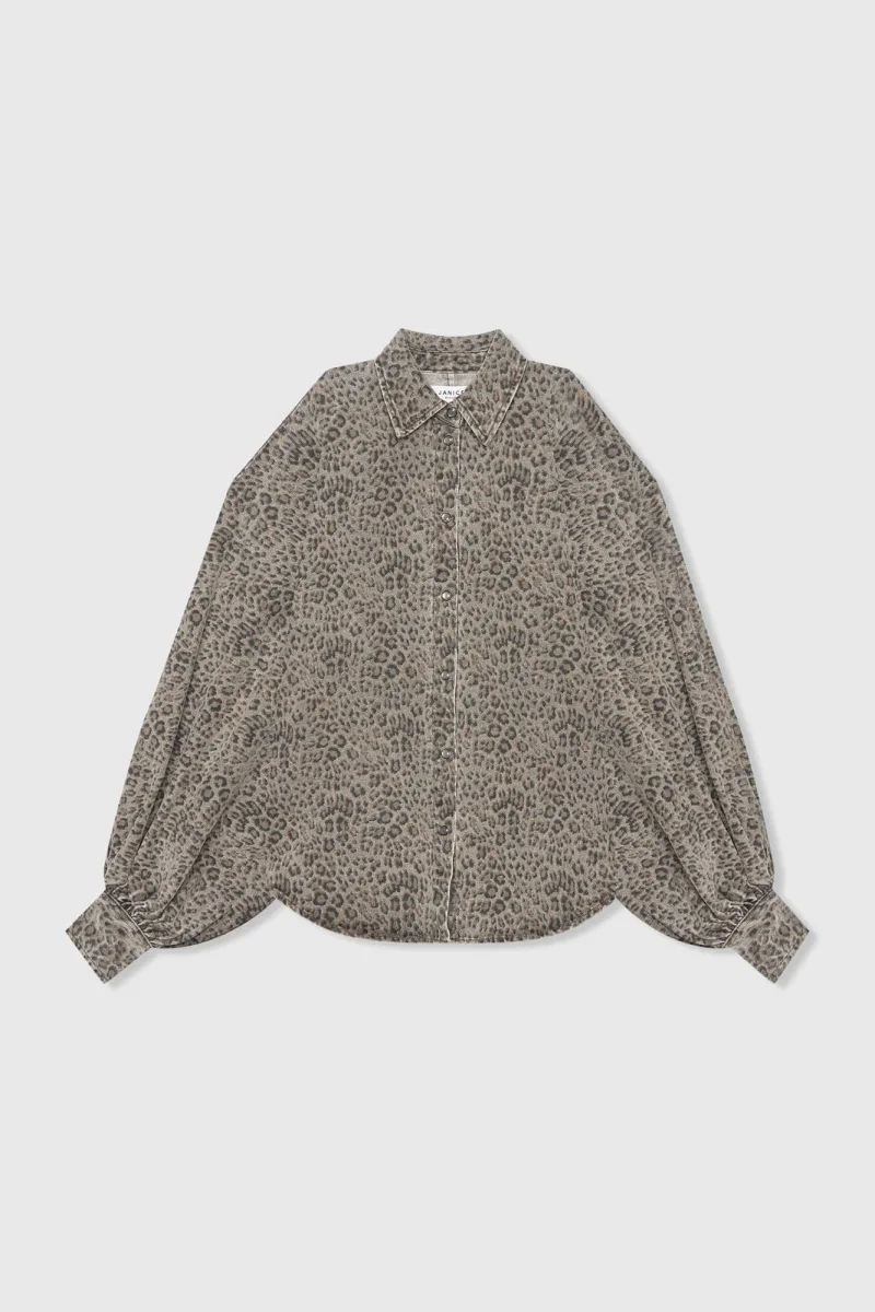 Women's Wide-Sleeve Leopard-Print Denim Blouse in Stone