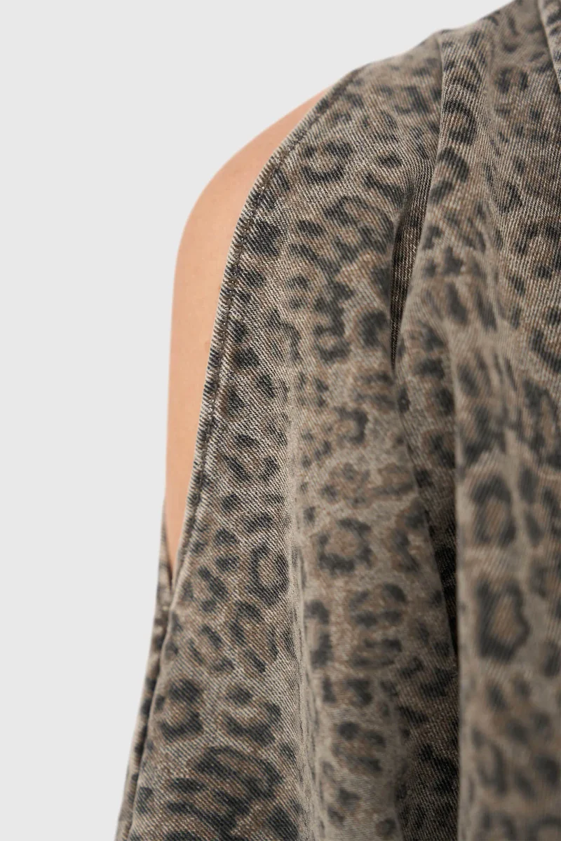Women's Wide-Sleeve Leopard-Print Denim Blouse in Stone