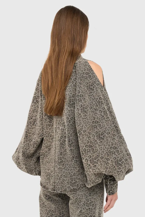Women's Wide-Sleeve Leopard-Print Denim Blouse in Stone