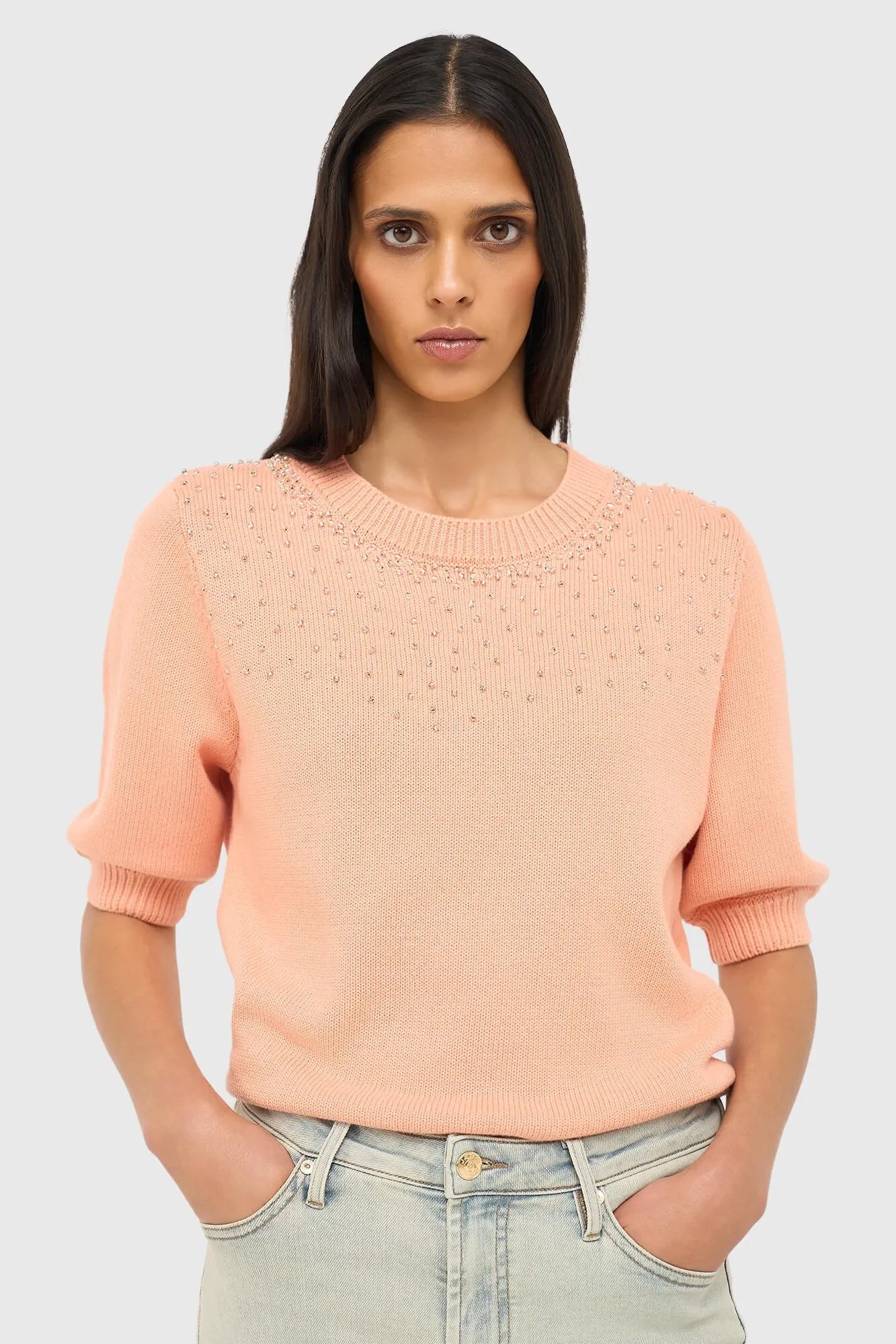Peach Baumwoll-Damenpullover mit Strasssteinen von Barret