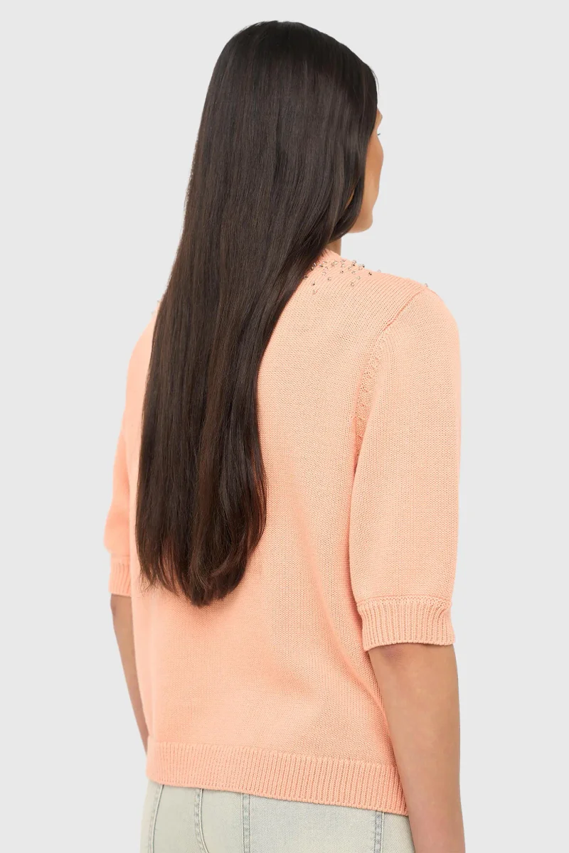 Peach Katoenen Dames Truitje Met Steentjes Barret