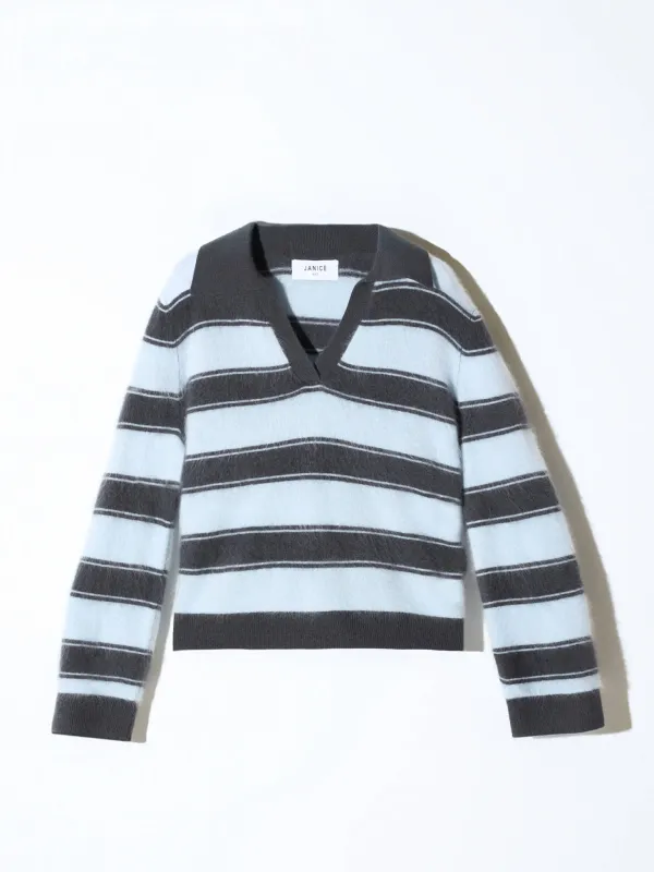 Polo Hals Dames Trui Merino Wol Cashmere Resort Blauw Strepen