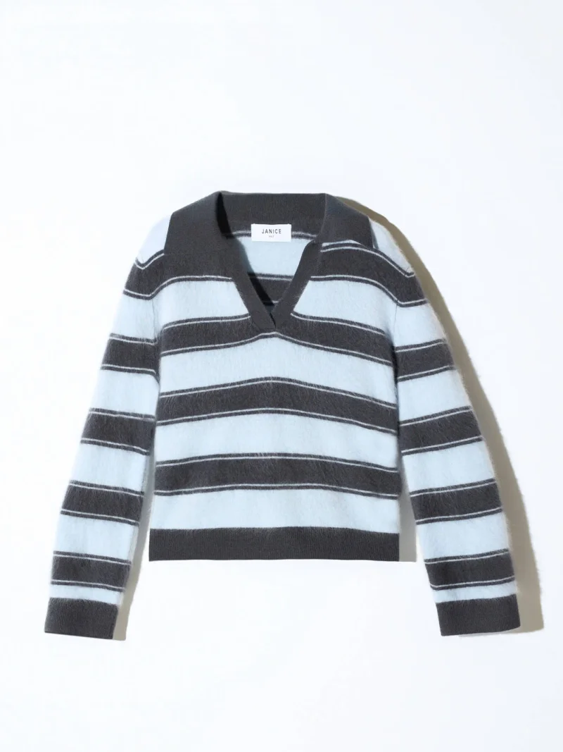Polo Hals Dames Trui Merino Wol Cashmere Resort Blauw Strepen