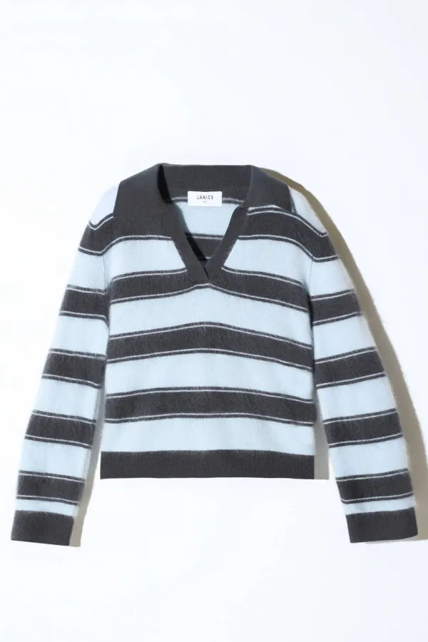 Polo Hals Dames Trui Merino Wol Cashmere Resort Blauw Strepen