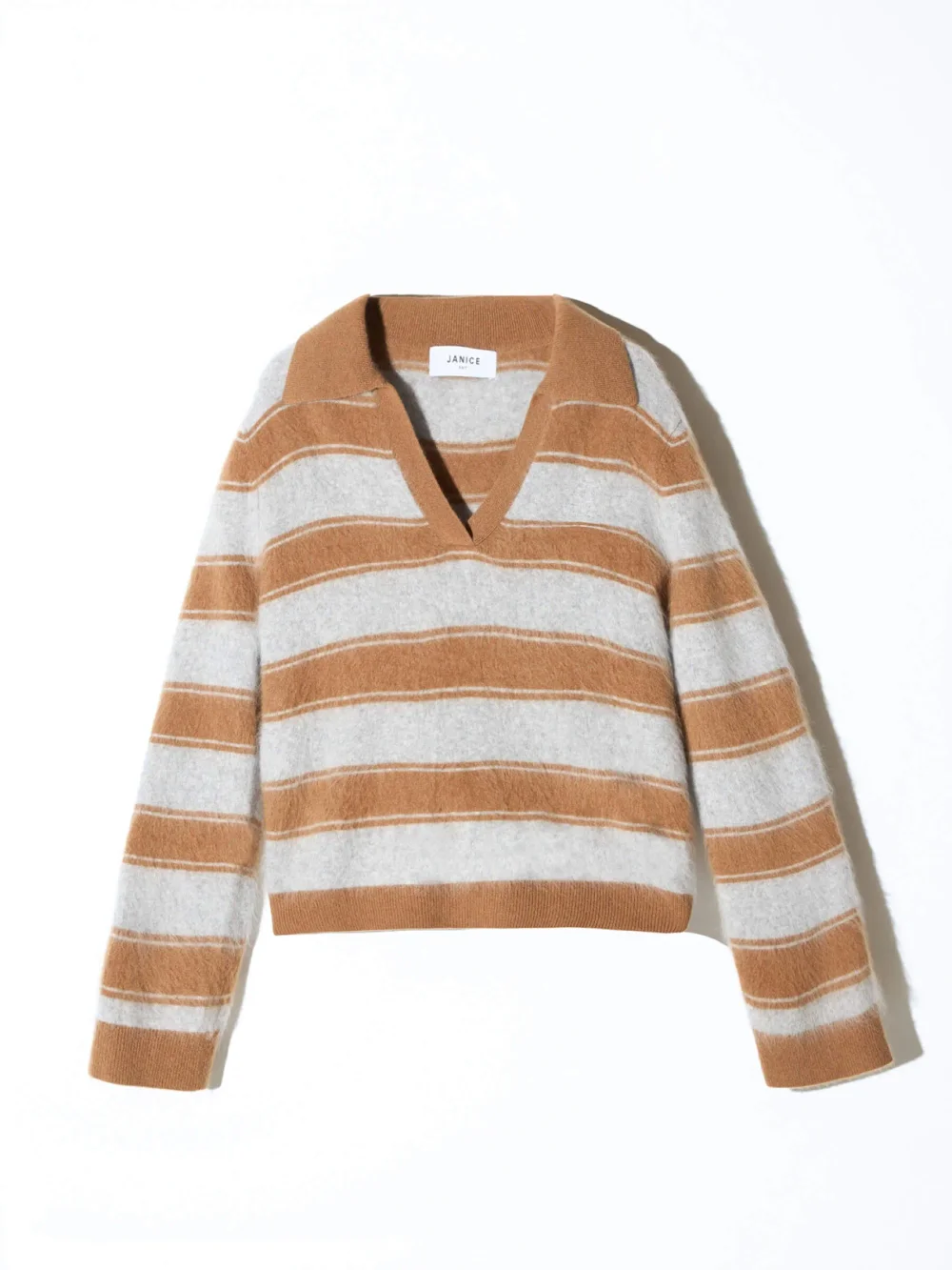 Polo Hals Dames Trui Merino Wol Cashmere Resort Camel Strepen