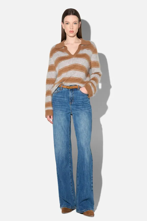 Polo Hals Dames Trui Merino Wol Cashmere Resort Camel Strepen