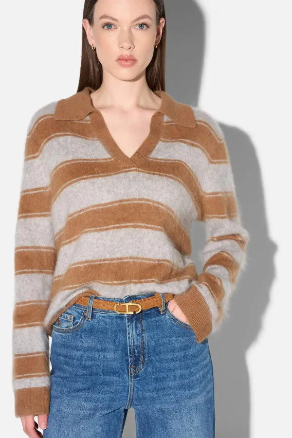 Polo Hals Dames Trui Merino Wol Cashmere Resort Camel Strepen