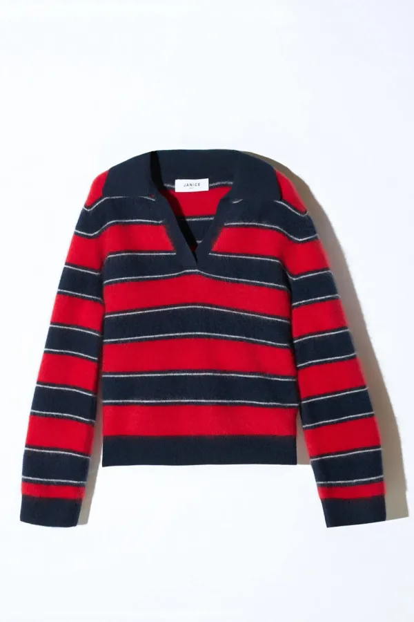 Polo Hals Dames Trui Merino Wol Cashmere Resort Rood Strepen