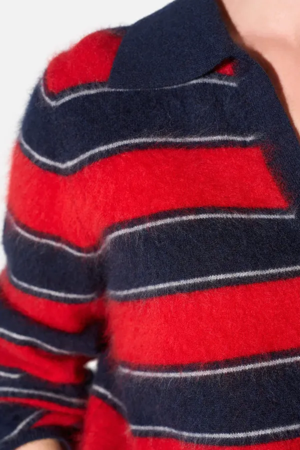 Polo Hals Dames Trui Merino Wol Cashmere Resort Rood Strepen