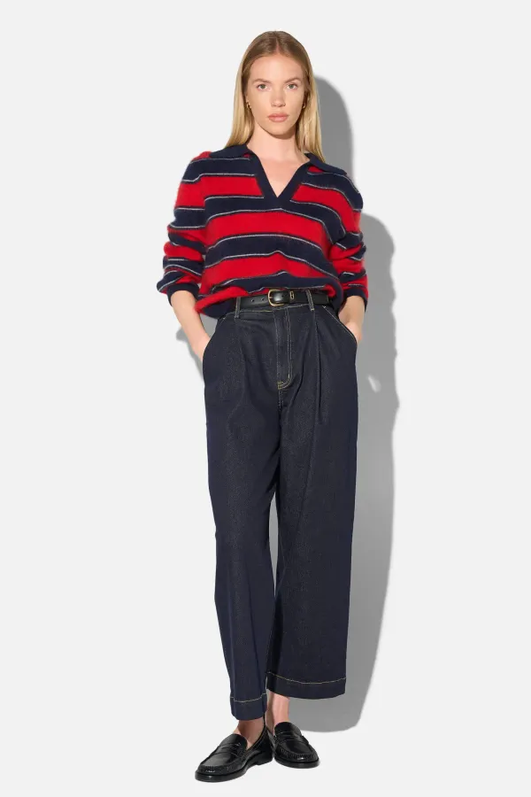 Polo Hals Dames Trui Merino Wol Cashmere Resort Rood Strepen