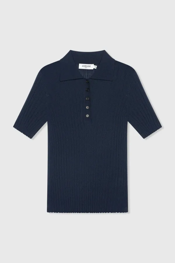 Polo Truitje Gebreid Merino Wol Kian Navy Blauw