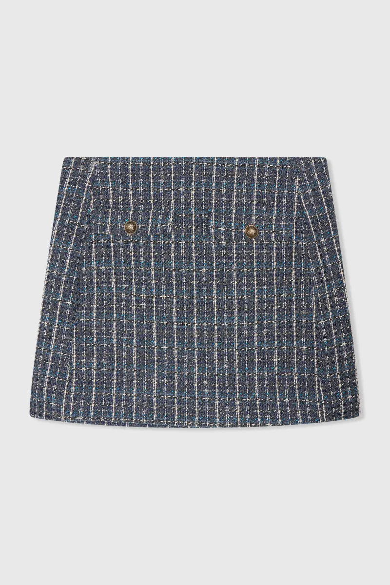 Kurzer Rock aus Tweed mit Naht, blau