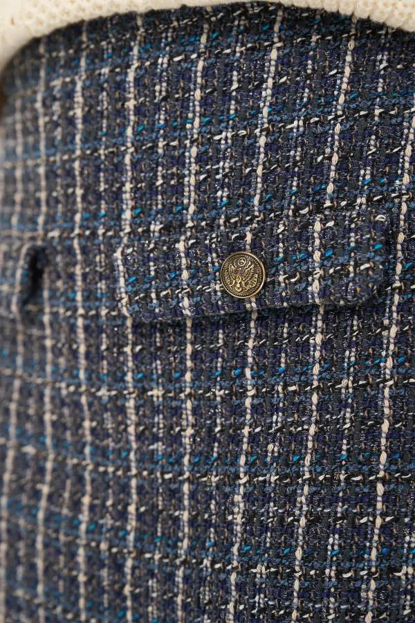 Short Tweed Skirt with Seams, Blue