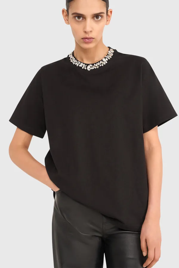 Damen-Shirt mit Strasssteinen, Rock, schwarz