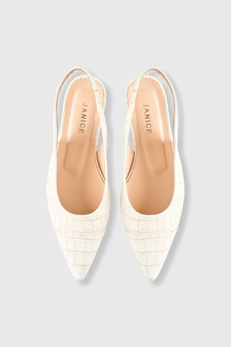 Women's Leather Slingback Shoe by Alain in Off-White Crocodile Print